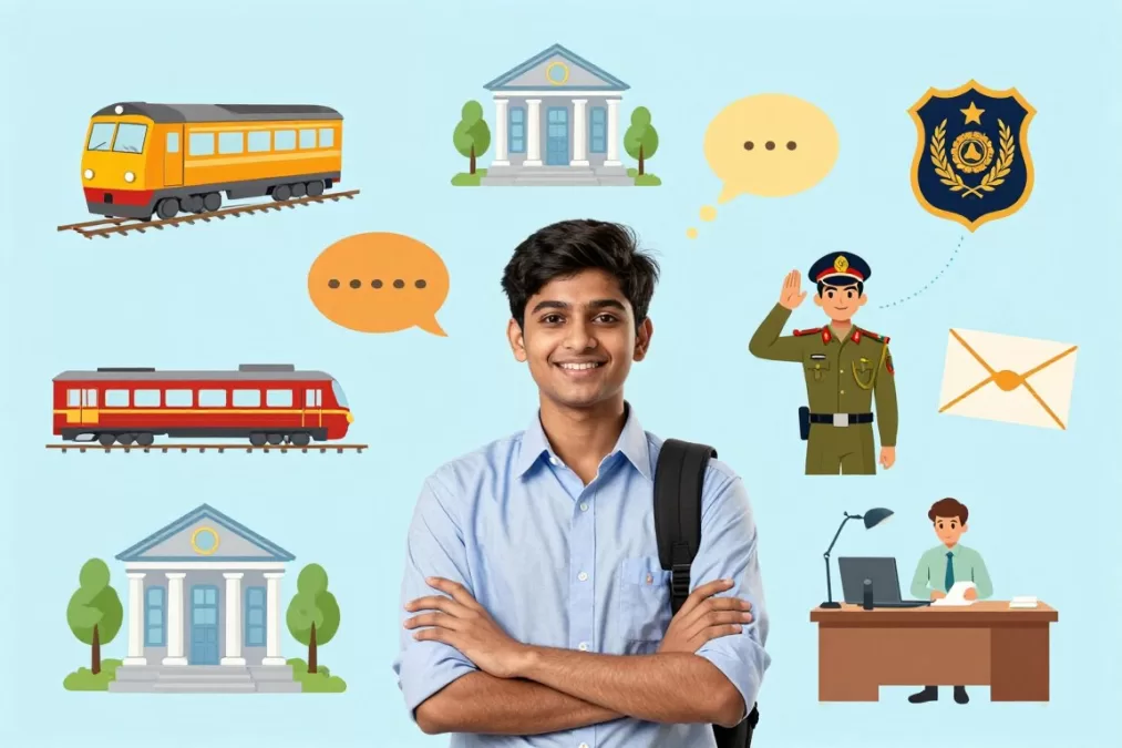 Young student thinking about career choices with various government job options illustrated
