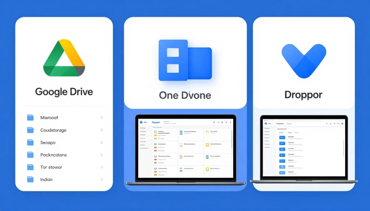 Cloud storage comparison showing Google Drive, OneDrive, and Dropbox interfaces for student file organization