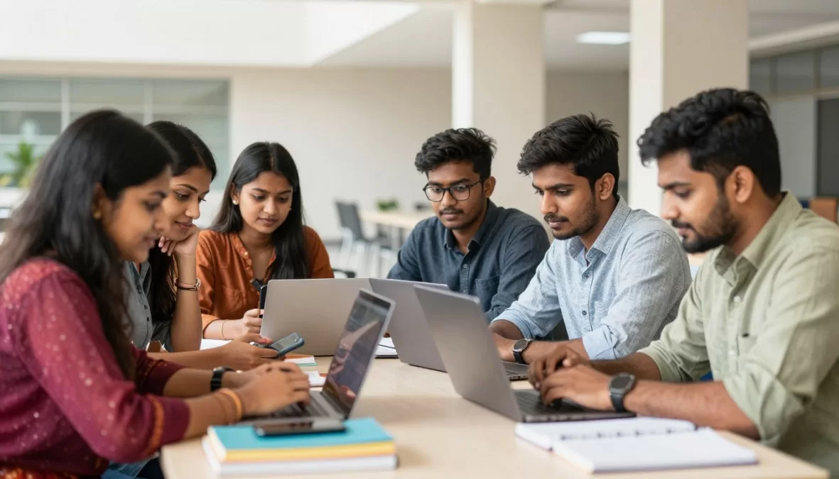 Indian students using technology tips for collaborative learning on laptops and mobile devices
