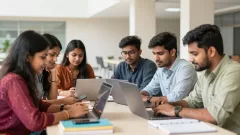 Indian students using technology tips for collaborative learning on laptops and mobile devices