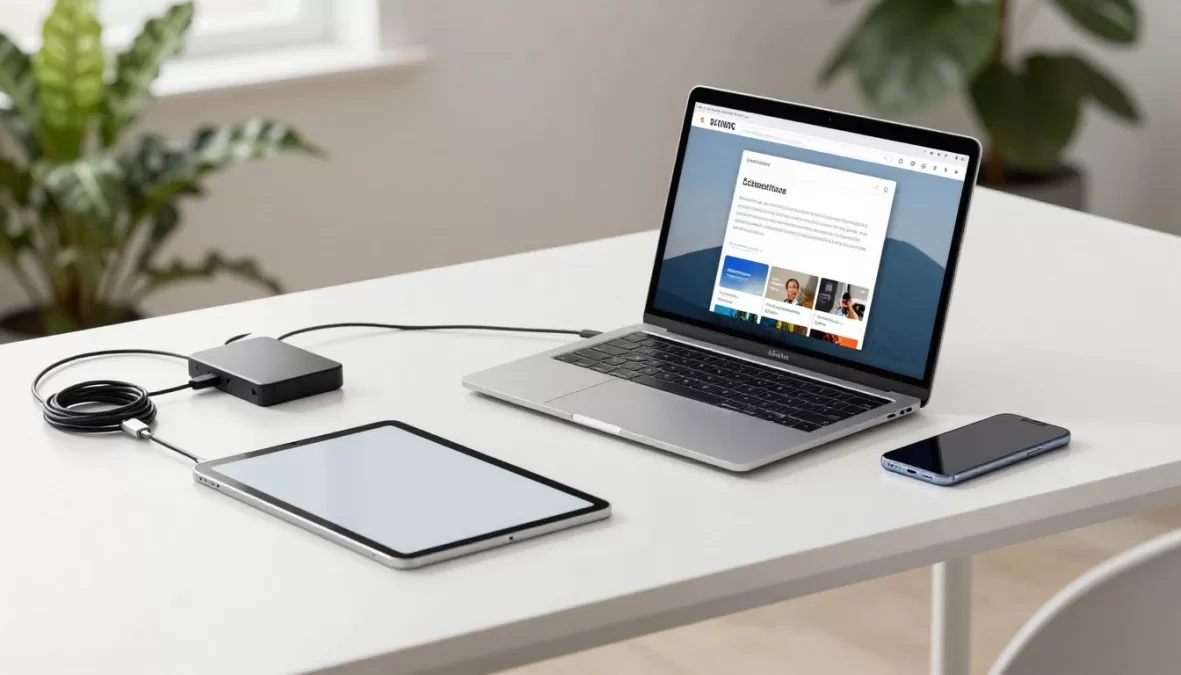 Student workspace with laptop, tablet, and smartphone optimized for academic work