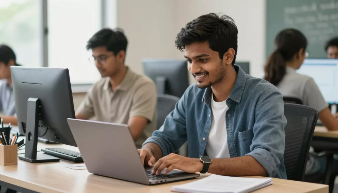 Successful Indian student using technology confidently for academic and career success
